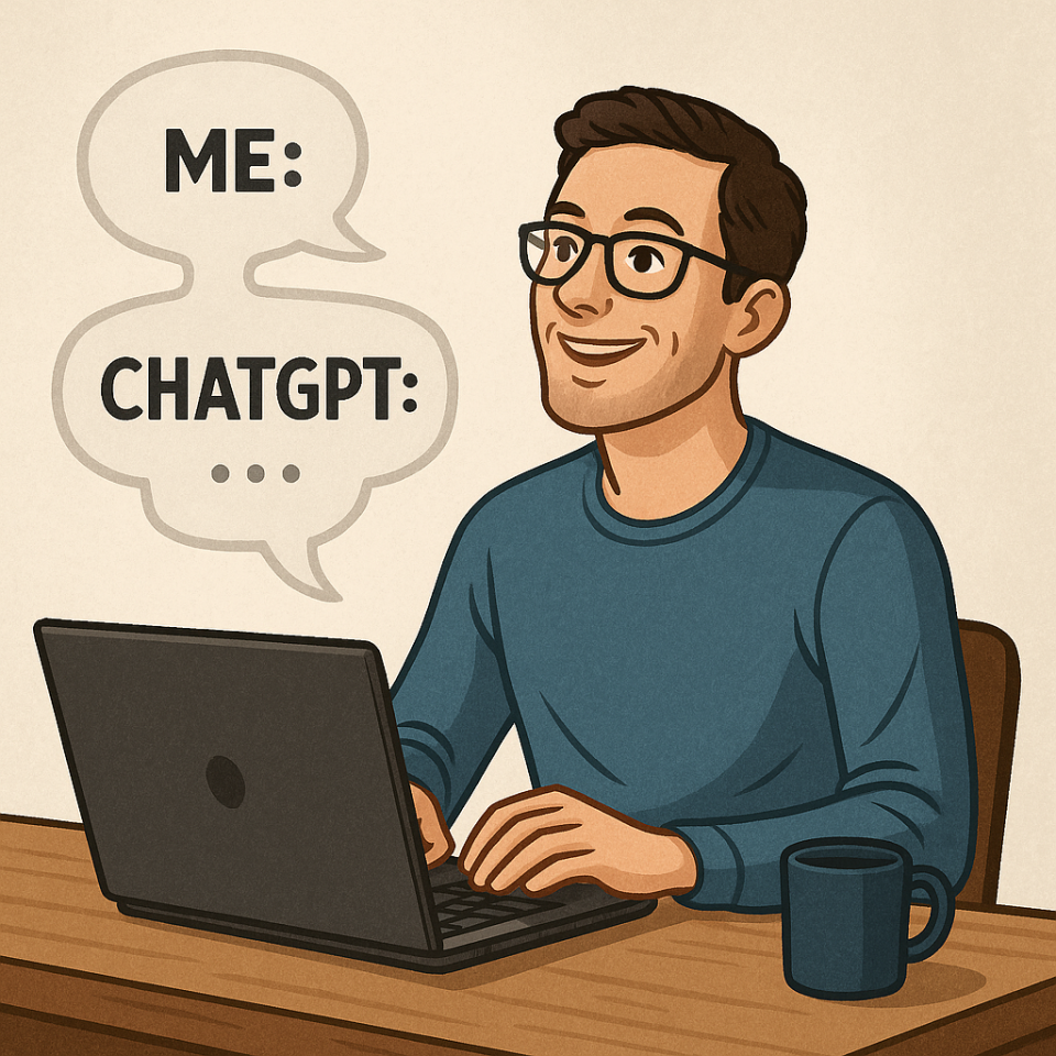 Developer at desk with glowing chat bubbles above their laptop — representing ChatGPT interview prompts sparking inspiration