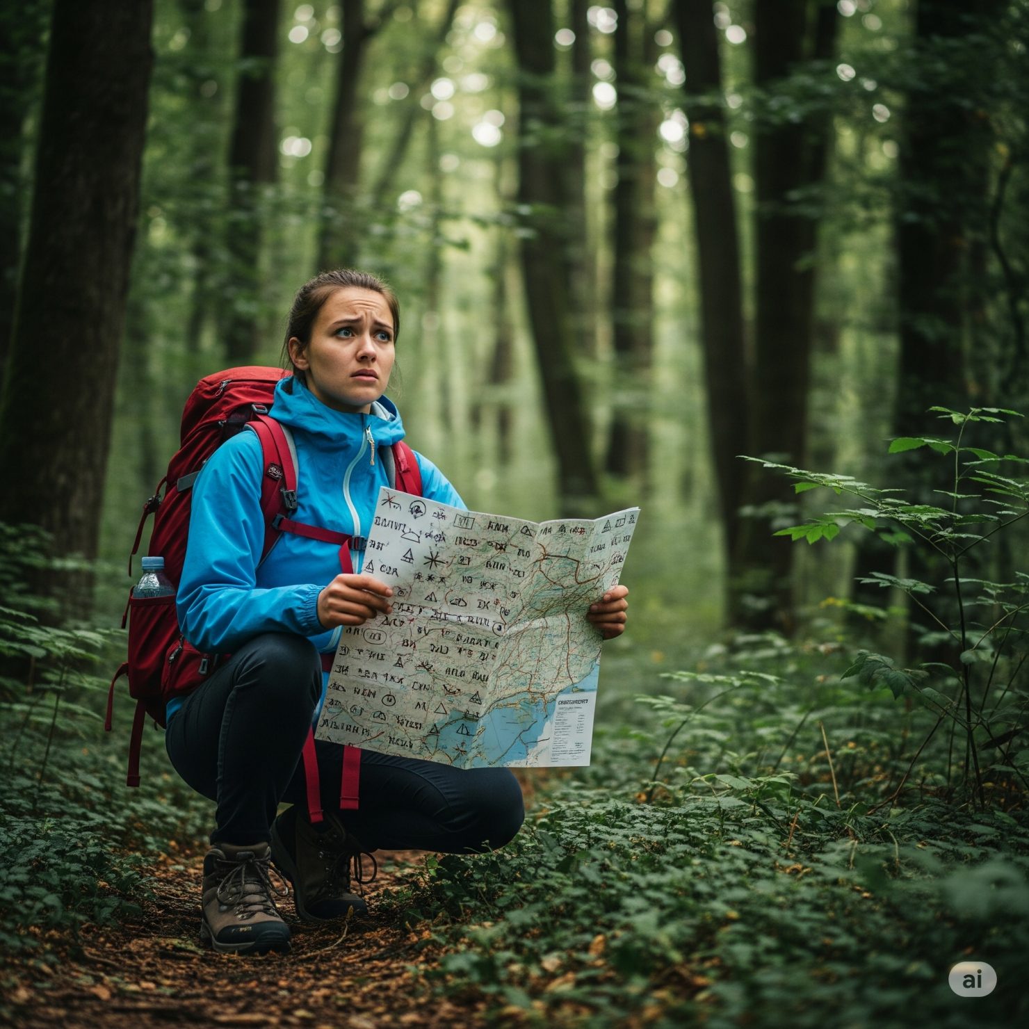 A confused hiker holds a map filled with unreadable or nonsense labels, symbolizing the challenges of navigating cloud infrastructure with inconsistent naming.