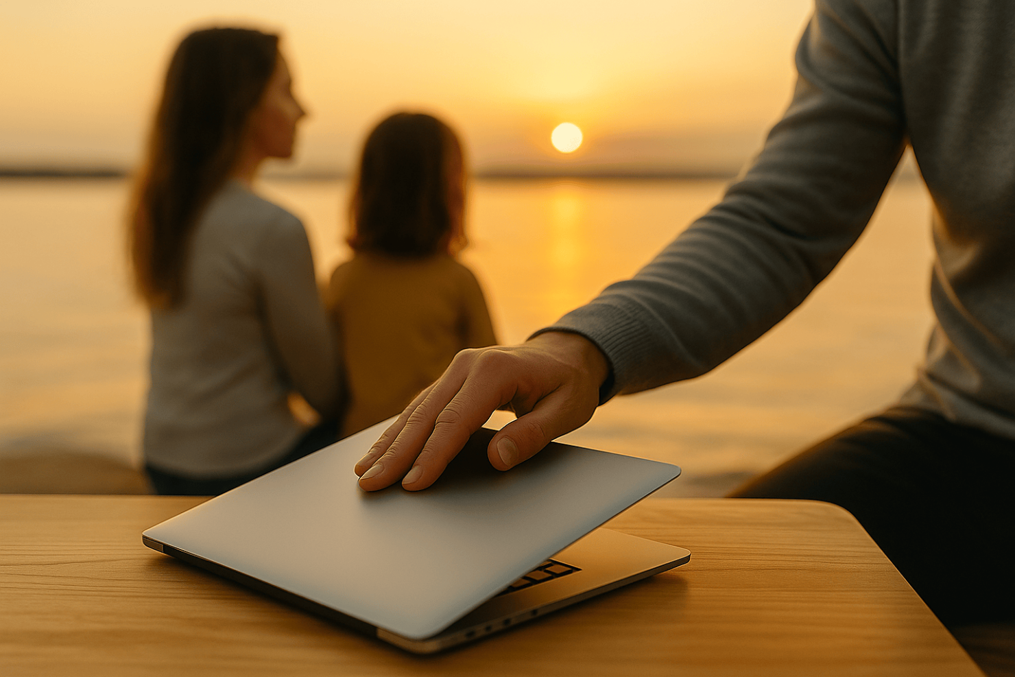 Parent closing laptop at sunset with family in the background — symbolizing peace of mind from resilient systems