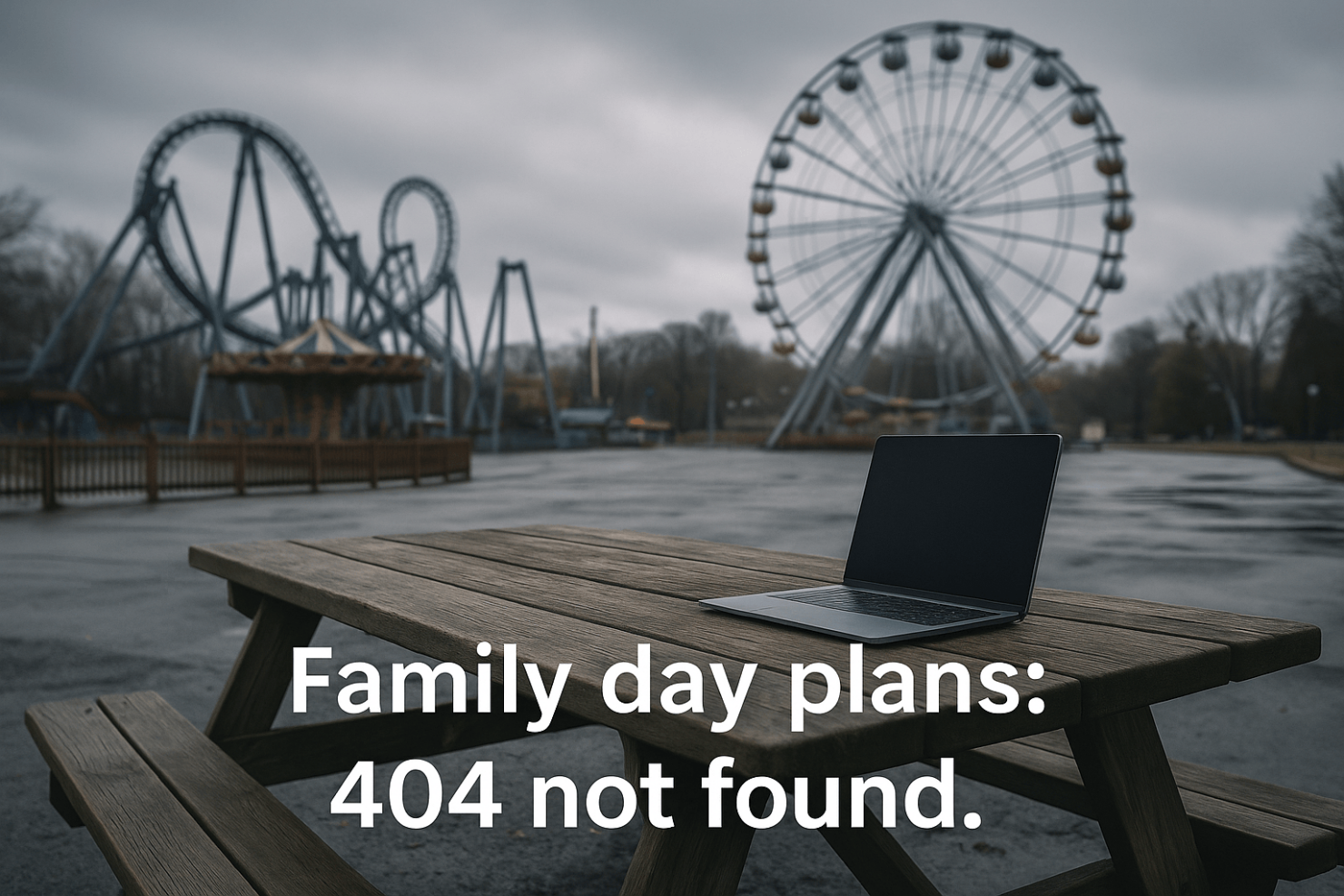 Empty amusement park bench with open laptop — symbolizing missed personal time due to production anxiety