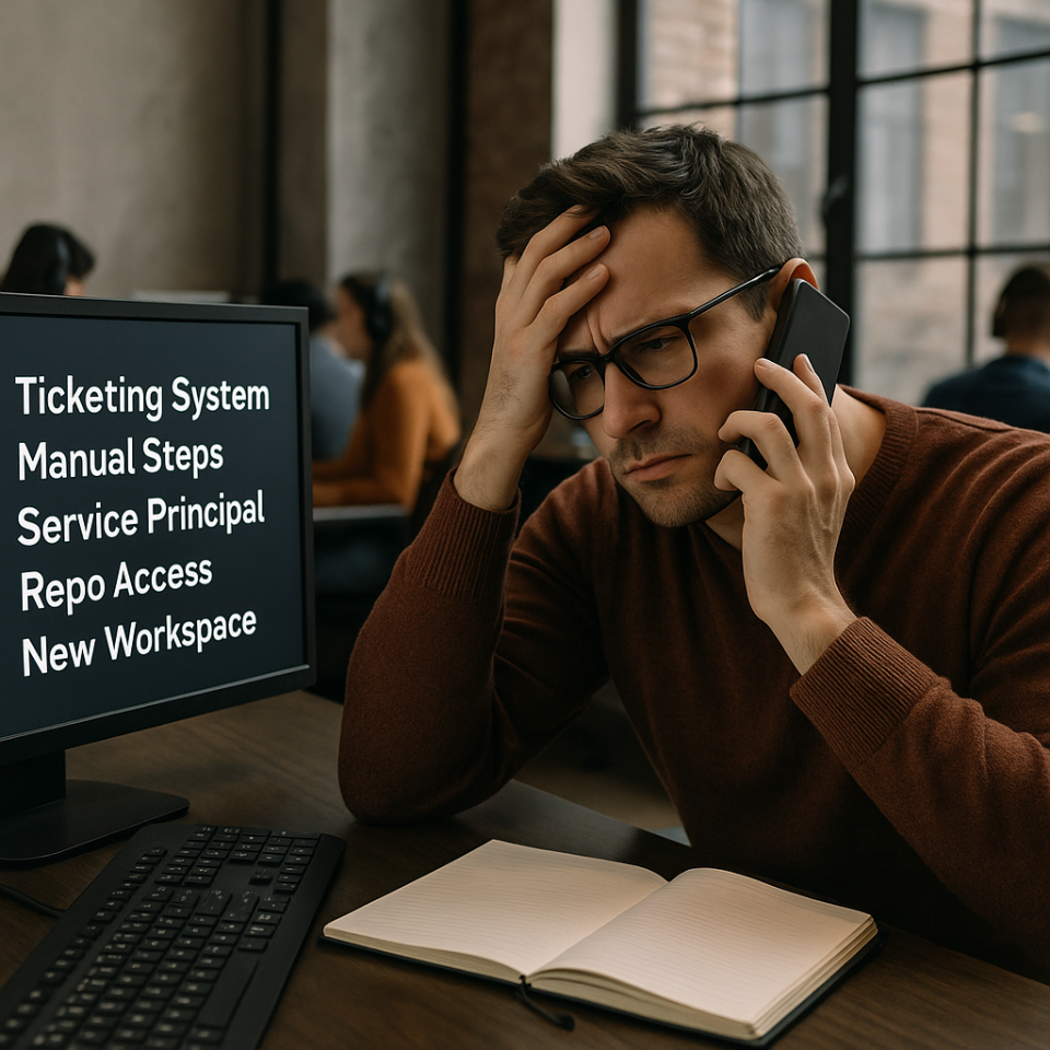 Frustrated developer on phone with hand on head, looking at a monitor listing manual setup tasks like Ticketing System, Service Principal, and Repo Access