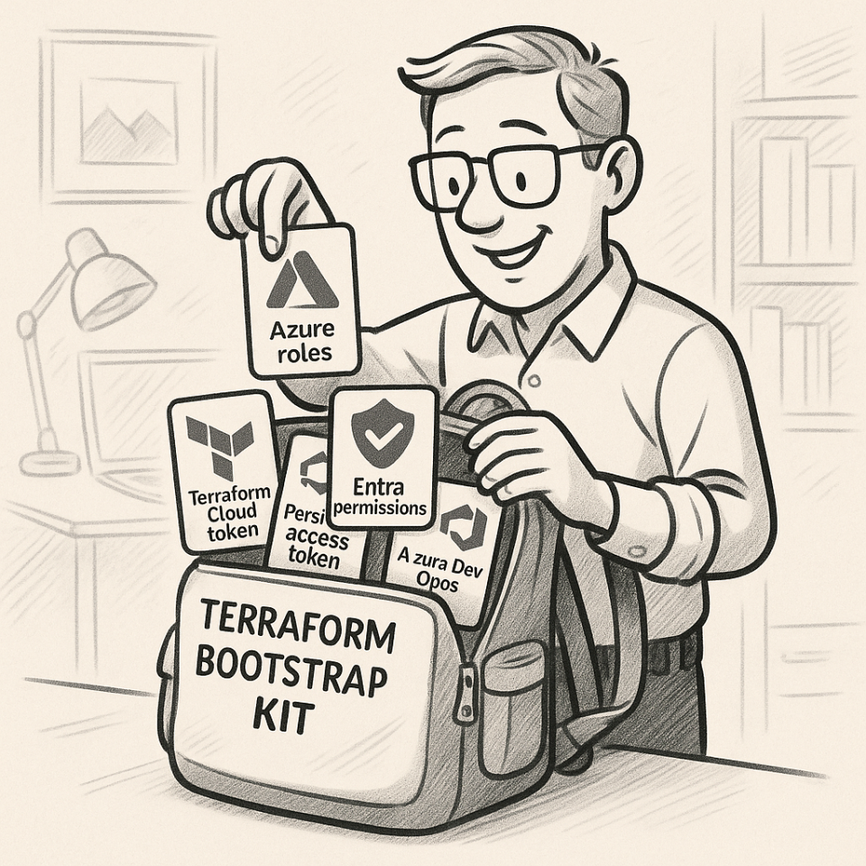 Cartoon-style illustration of an IT admin packing a 'Terraform Bootstrap Kit' backpack with credentials like Azure roles, Entra permissions, Terraform Cloud token, and Azure DevOps personal access token
