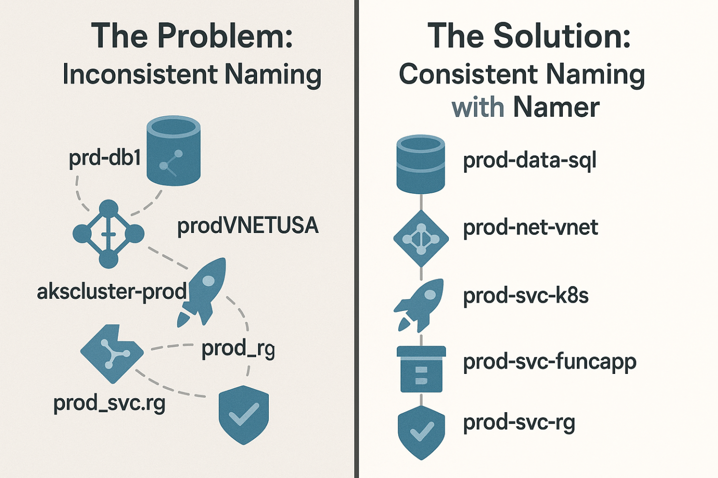 Side-by-side comparison showing inconsistent resource names like prd-db1 and akscluster-prod on the left, versus consistent names like prod-data-sql and prod-svc-k8s on the right using the namer pattern