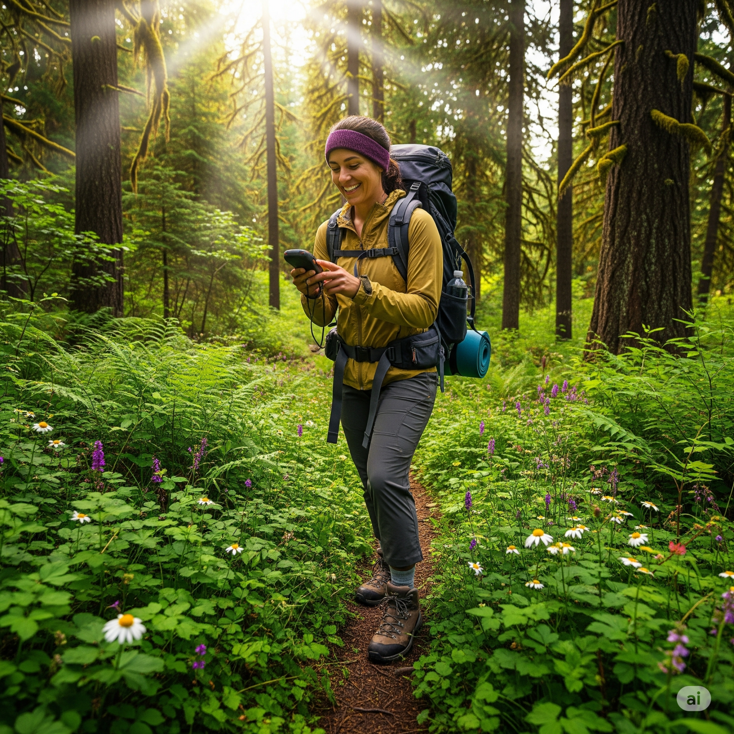 Smiling hiker using GPS confidently in the forest, symbolizing clarity and consistent naming conventions