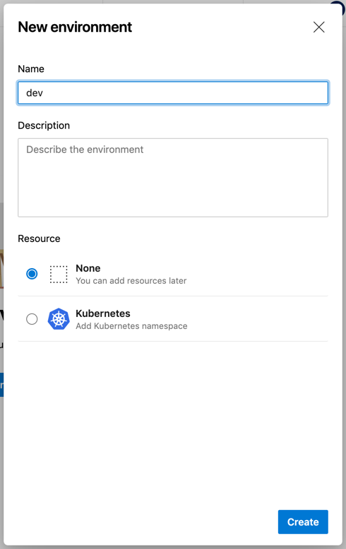 Azure DevOps view showing New Environment dialog, name is filled out with the value dev and None is selected for resource