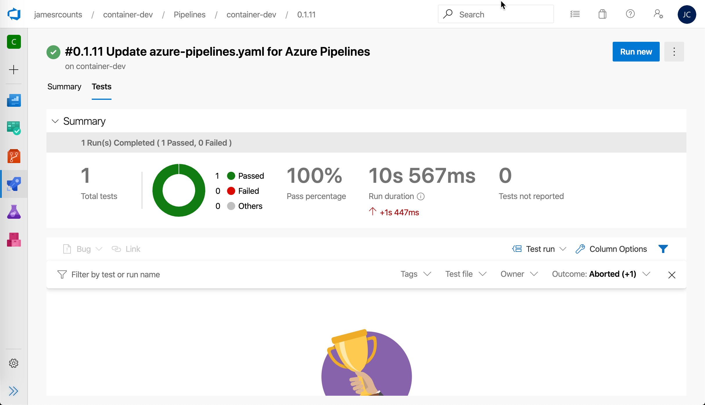 Test results in Azure DevOps